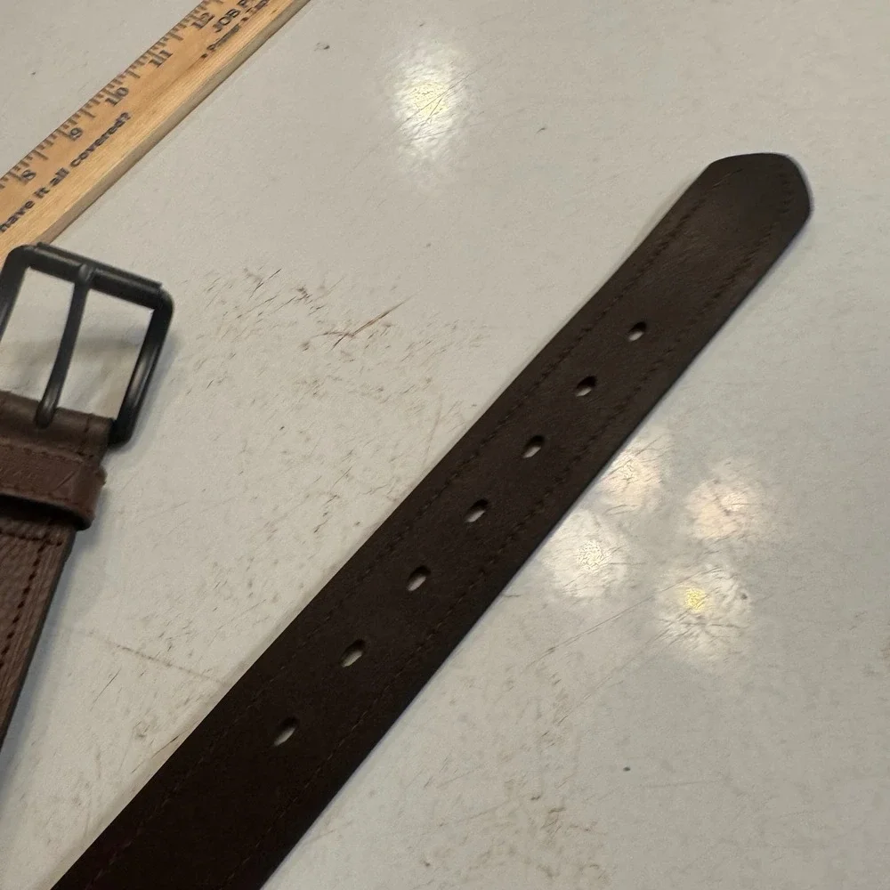 Dickies Leather Belt Mens 44 Brown Double Stitch Matte Black Buckle 11GD020030